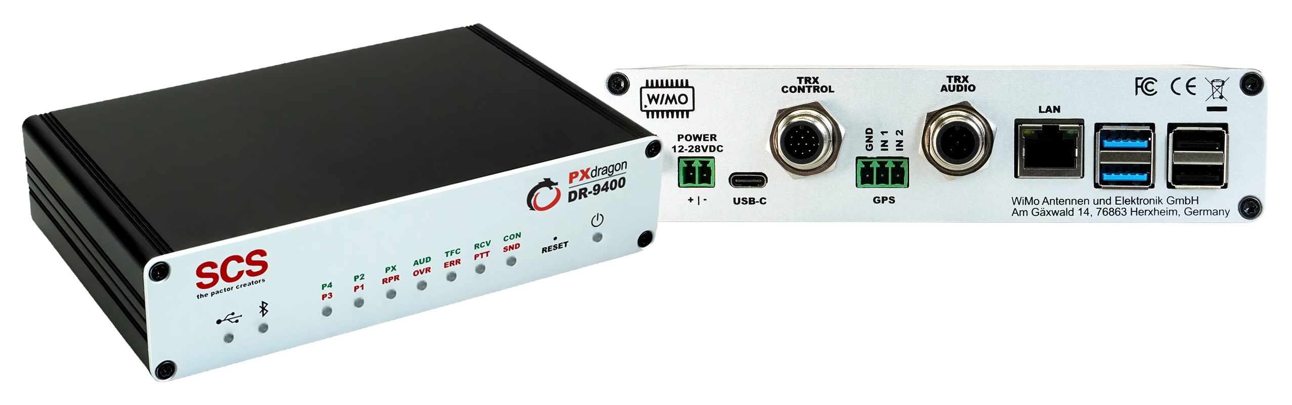 PACTOR-Modem PXdragon DR-9400 – Vorder- und Rückansicht mit allen Anschlüssen